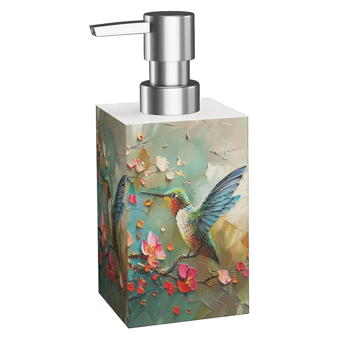 SANILO Seifenspender Petalo - L x B x H: 7 x 7 x 12 cm, Kunststoff, Rosa - Quadratischer Seifenspender mit silberner Pumpe, verziert mit einem farbenfrohen Kolibri- und Blumenölgemälde.