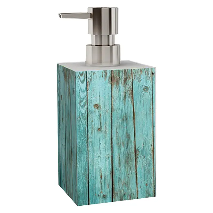 SANILO Seifenspender Lumber - L x B x H: 7 x 7 x 12 cm, Kunststoff, Blau - Rechteckiger Seifenspender mit Korpus in Distressed-Türkis-Holzoptik und gebürsteter Metallpumpe.