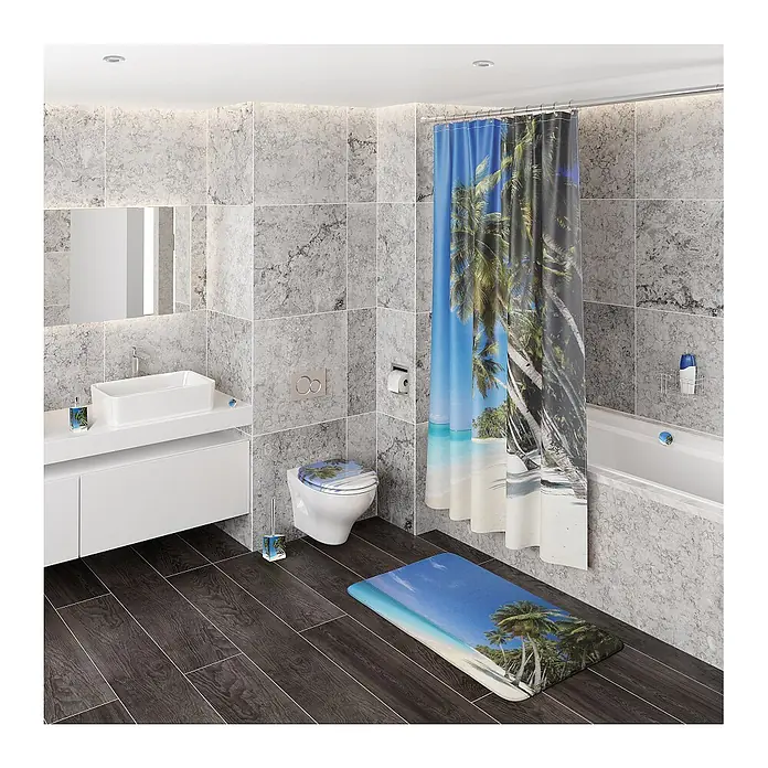 SANILO Seifenspender Karibik - L x B x H: 7 x 7 x 12 cm, Kunststoff, Blau - Ein modernes Bad mit einem Duschvorhang, Badematte, Toilettensitzbezug und Toilettenbürstenhalter im tropischen Strand-Design.