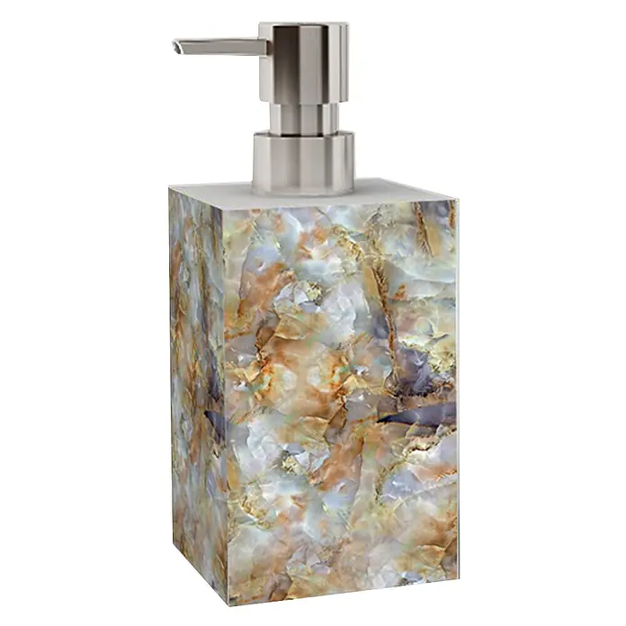 SANILO Seifenspender Marmor Braun - L x B x H: 7 x 7 x 12 cm, Kunststoff, Grau - Rechteckiger Seifenspender mit marmoriertem braun-weißem Korpus und gebürsteter Metallpumpe.
