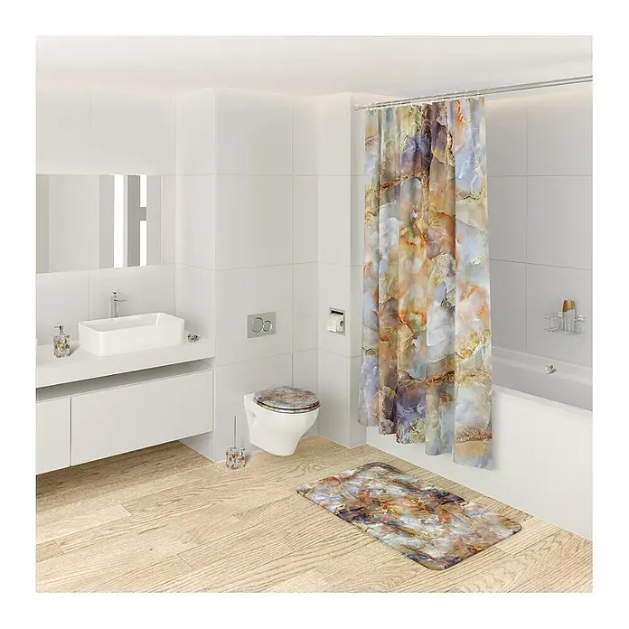 SANILO Seifenspender Marmor Braun - L x B x H: 7 x 7 x 12 cm, Kunststoff, Grau - Marmoriertes Bad-Set mit Duschvorhang, Badematte, Toilettensitzbezug, Seifenspender und WC-Bürstenhalter in einem modernen Badezimmer.