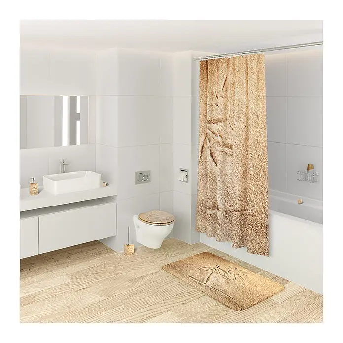 SANILO Seifenspender Sunshine - L x B x H: 7 x 7 x 12 cm, Kunststoff, Beige - Beiger Duschvorhang und passende Badematte im Sand-Look mit geschnitztem Palmen- und Sonnendesign für ein Badezimmer.