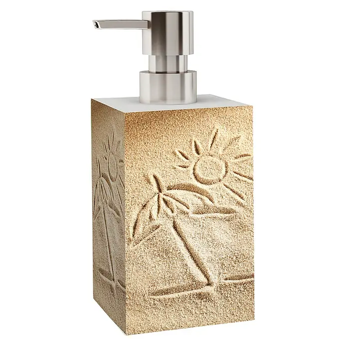 SANILO Seifenspender Sunshine - L x B x H: 7 x 7 x 12 cm, Kunststoff, Beige - Quadratischer Seifenspender mit Sandtextur und Strandgravuren, oben mit gebürsteter Metallpumpe.