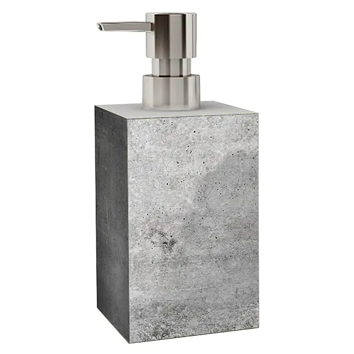 SANILO Seifenspender Beton - L x B x H: 7 x 7 x 12 cm, Kunststoff, Grau - Rechteckiger Seifenspender in Betonoptik mit silberner Metallpumpe.