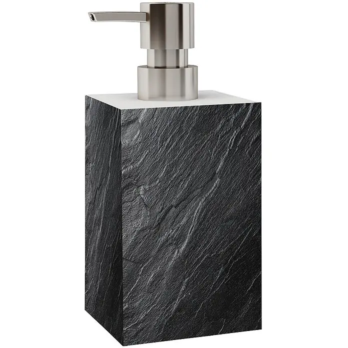 SANILO Seifenspender Granit - L x B x H: 7 x 7 x 12 cm, Kunststoff, Grau - Schwarzer, rechteckiger Seifenspender in Schieferoptik mit gebürsteter Silberpumpe.