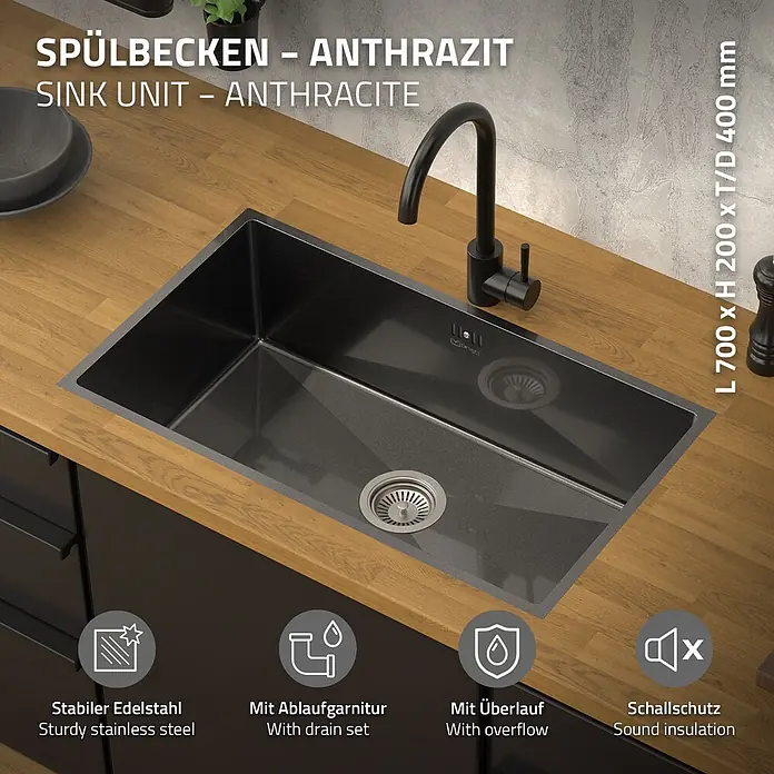 Spülbecken Edelstahl 1 Becken Anthrazit 70x40 cm mit Siphon -  - Stabiles anthrazitfarbenes Edelstahl-Spülbecken mit schwarzem Wasserhahn, in Holzarbeitsplatte. Mit Ablauf, Überlauf und Schalldämmung.