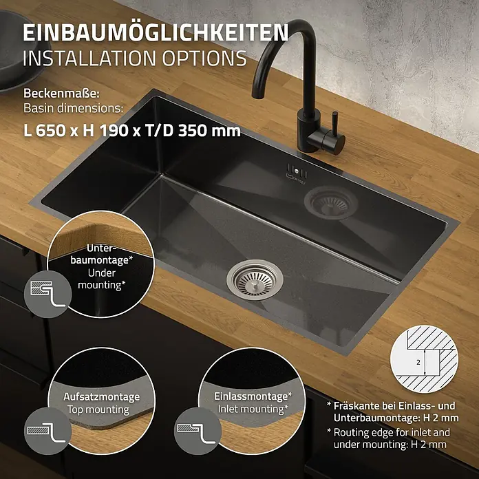 Spülbecken Edelstahl 1 Becken Anthrazit 70x40 cm mit Siphon -  - Eine dunkelgraue Küchenspüle mit schwarzem Wasserhahn in einer Holzplatte, mit Abbildungen der Installationsoptionen.