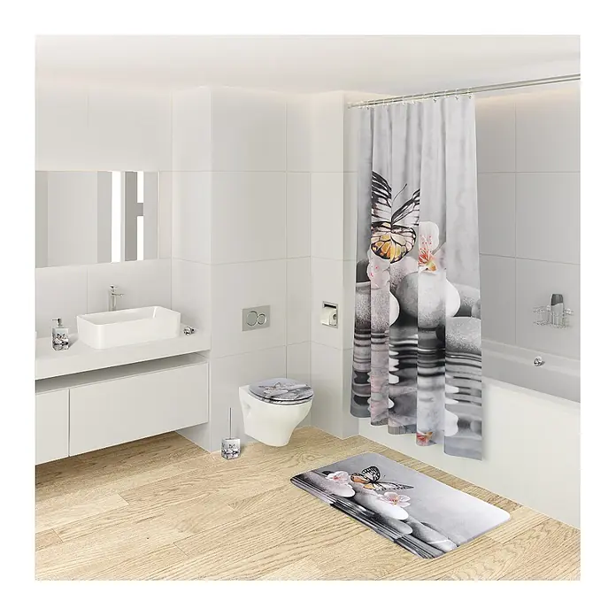 SANILO Seifenspender Vanesa - L x B x H: 7 x 7 x 12 cm, Kunststoff, Grau - Badezimmer-Set mit Schmetterlings- und Steinmotiv: Duschvorhang, Toilettendeckel, Badematte, Seifenspender und Toilettenbürstenhalter in modernem Bad.
