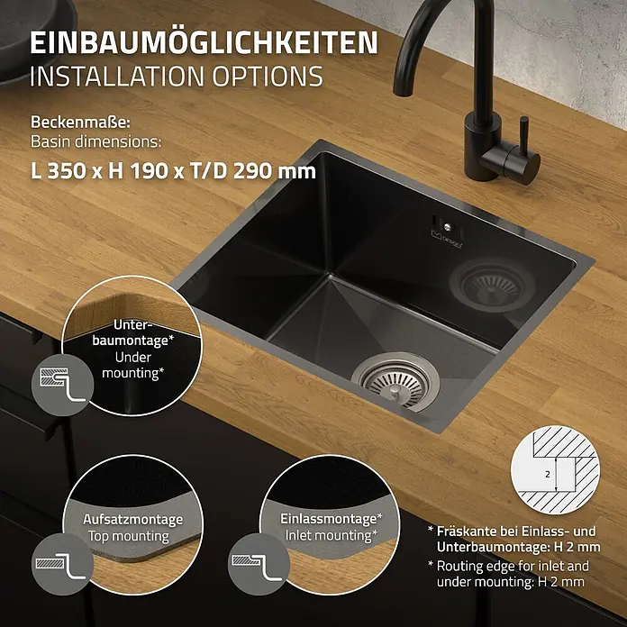 Spülbecken Edelstahl 1 Becken Anthrazit 34x40 cm mit Siphon -  - Schwarzes Küchenspülbecken in Holz-Arbeitsplatte, zeigt Unter-, Aufsatz- und Einlassmontageoptionen. Becken: L 350 x H 190 x T 290 mm.