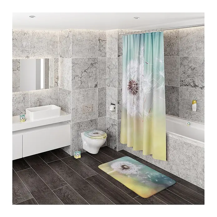 SANILO Seifenspender Pusteblume - L x B x H: 7 x 7 x 12 cm, Kunststoff, Blau - Ein Badezimmer-Set mit Pusteblumen-Design, bestehend aus Duschvorhang, Badematte und Toilettenzubehör, in einem modernen Bad.