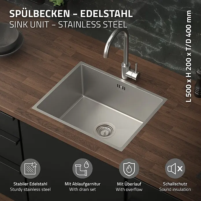 Spülbecken Edelstahl 1 Becken 50x40 cm mit Siphon -  - Edelstahl-Küchenspüle mit Armatur, in einer Arbeitsplatte eingebaut.