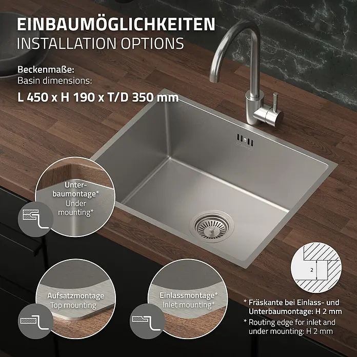 Spülbecken Edelstahl 1 Becken 50x40 cm mit Siphon -  - Edelstahl-Küchenspüle mit drei Installationsmöglichkeiten: Unterbau-, Aufsatz- und Einlassmontage. Maße L 450 x H 190 x T 350 mm.