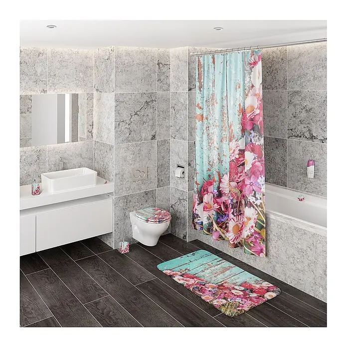 SANILO Seifenspender Spring - L x B x H: 7 x 7 x 12 cm, Kunststoff, Rosa - Florales Badezimmer-Set im Used-Look mit Duschvorhang, Matte, WC-Sitzbezug und Bürstenhalter.