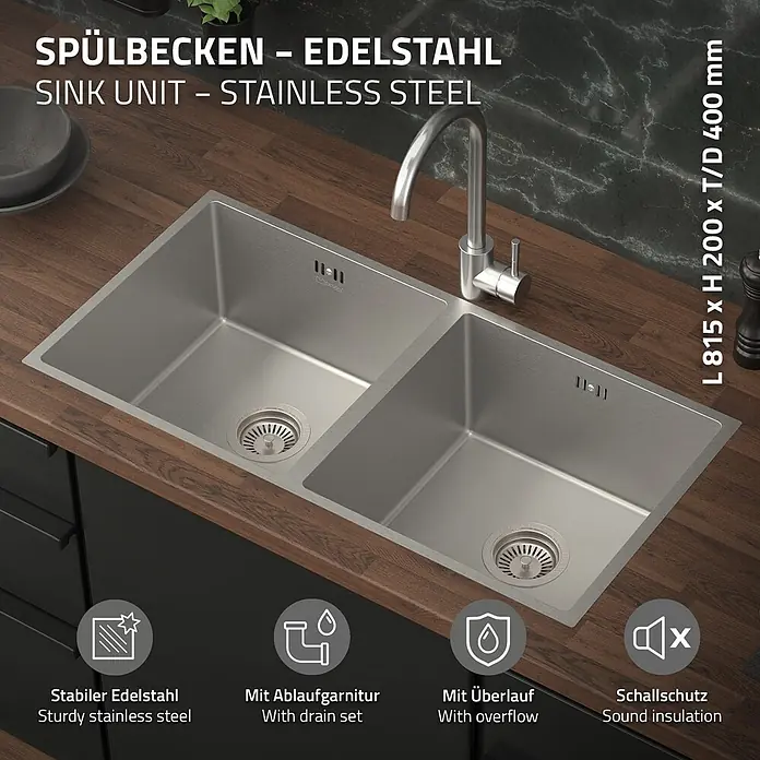 ML-Design Einbauspüle Doppelbecken Silber rechteckig Einbauspüle Unterbauspüle mit Siphon - 81,5 x 40 cm, Stahl