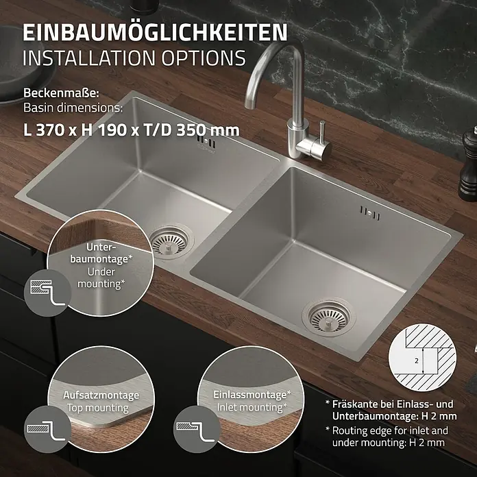 ML-Design Einbauspüle Doppelbecken Silber rechteckig Einbauspüle Unterbauspüle mit Siphon - 81,5 x 40 cm, Stahl