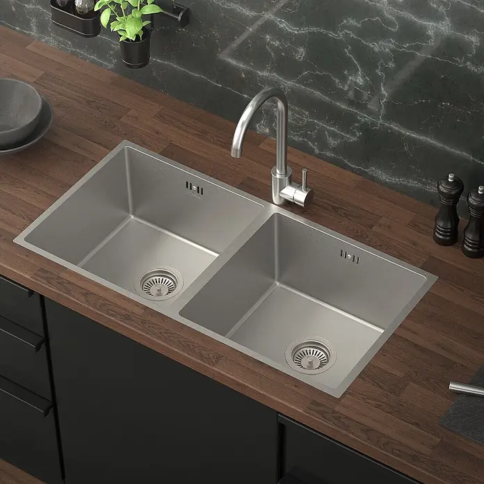 ML-Design Einbauspüle Doppelbecken Silber rechteckig Einbauspüle Unterbauspüle mit Siphon - 81,5 x 40 cm, Stahl