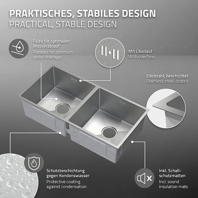 ML-Design Einbauspüle Doppelbecken Silber rechteckig Einbauspüle Unterbauspüle mit Siphon - 81,5 x 40 cm, Stahl