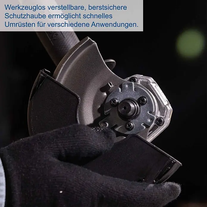Scheppach IXES 20V Akku-Winkelschleifer BC-AG125-X - 20 V, Ohne Akku, Durchmesser Scheibe: 125 mm - Werkzeuglos verstellbare, berstsichere Schutzhaube einer Flex aus dunkelgrauem Metall und schwarzem Kunststoff für schnellen Anwendungswechsel.