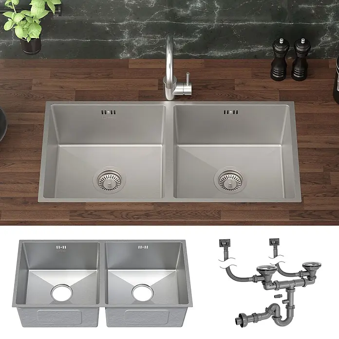 ML-Design Einbauspüle Doppelbecken Silber rechteckig Einbauspüle Unterbauspüle mit Siphon - 81,5 x 40 cm, Stahl