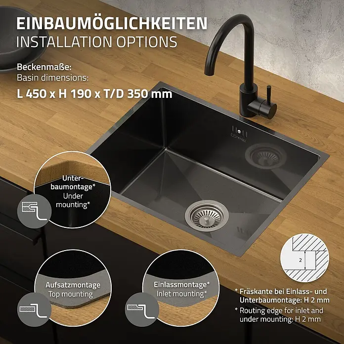 Spülbecken Edelstahl 1 Becken Anthrazit 50x40 cm mit Siphon -  - Schwarzes Küchenspülbecken in Holzarbeitsplatte, zeigt verschiedene Installationsoptionen.