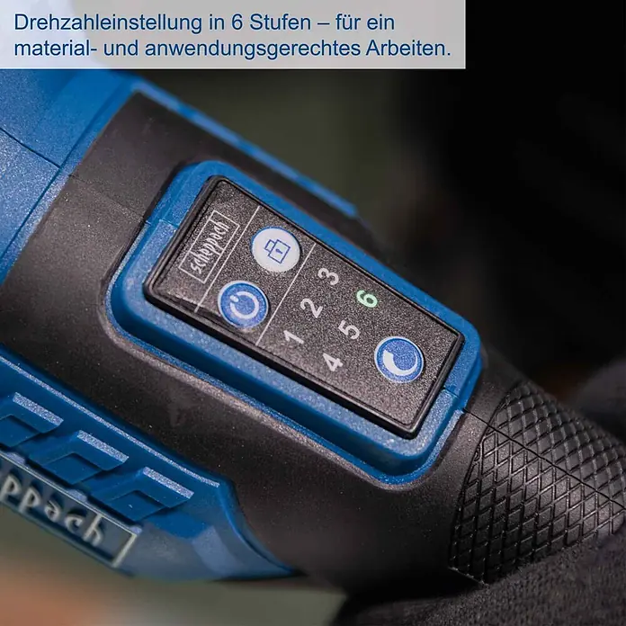 Scheppach IXES 20V Akku-Winkelschleifer BC-AG125-X - 20 V, Ohne Akku, Durchmesser Scheibe: 125 mm - Blau-schwarzes scheppach Elektrowerkzeug mit digitaler Anzeige für 6 Drehzahleinstellungen, Stufe 6 grün leuchtend.
