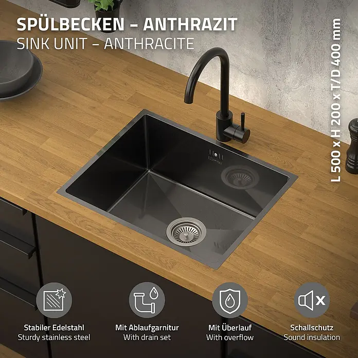 Spülbecken Edelstahl 1 Becken Anthrazit 50x40 cm mit Siphon -  - Anthrazitfarbenes Spülbecken mit Armatur und Ablaufgarnitur in Küchenarbeitsplatte, L 500 x H 200 x T 400 mm.
