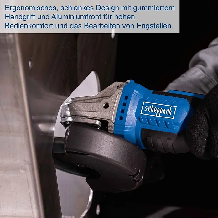 Scheppach IXES 20V Akku-Winkelschleifer BC-AG125-X - 20 V, Ohne Akku, Durchmesser Scheibe: 125 mm - Blauer Scheppach Winkelschleifer mit gummiertem Griff bearbeitet Metall. Ergonomisches Design für Engstellen.