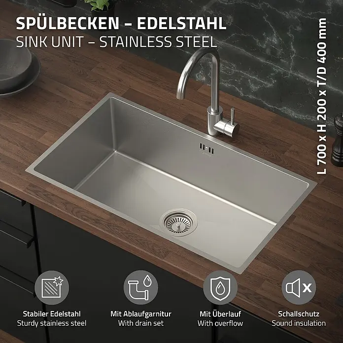 Spülbecken Edelstahl 1 Becken 70x40 cm mit Siphon -  - Edelstahl-Spülbecken mit Armatur, in Küchenarbeitsplatte integriert.