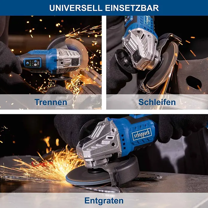 Scheppach IXES 20V Akku-Winkelschleifer BC-AG125-X - 20 V, Ohne Akku, Durchmesser Scheibe: 125 mm - Blau-silberner Scheppach Winkelschleifer, universell einsetzbar zum Trennen, Schleifen und Entgraten von Metall.