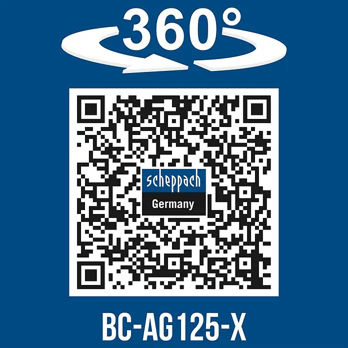Scheppach IXES 20V Akku-Winkelschleifer BC-AG125-X - 20 V, Ohne Akku, Durchmesser Scheibe: 125 mm - Blaues Grafik mit 360°-Symbol, QR-Code für scheppach BC-AG125-X Produktansicht.