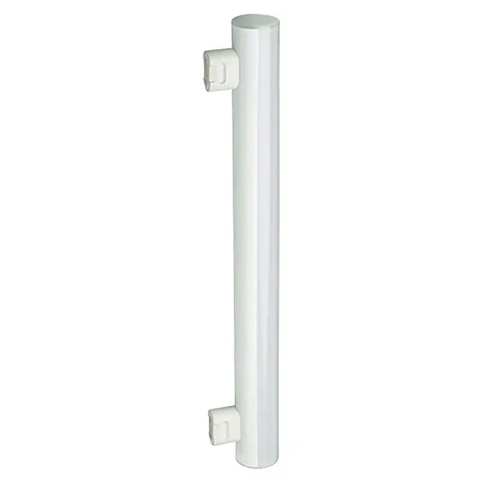 Voltolux LED-Röhre - Länge: 300 mm, Warmweiß, 5 W, 400 lm, S14s - Bild eines weißen Handtuchwärmers mit zwei Befestigungen. Praktisch und stilvoll für jedes Badezimmer, sorgt er für warme Handtücher.