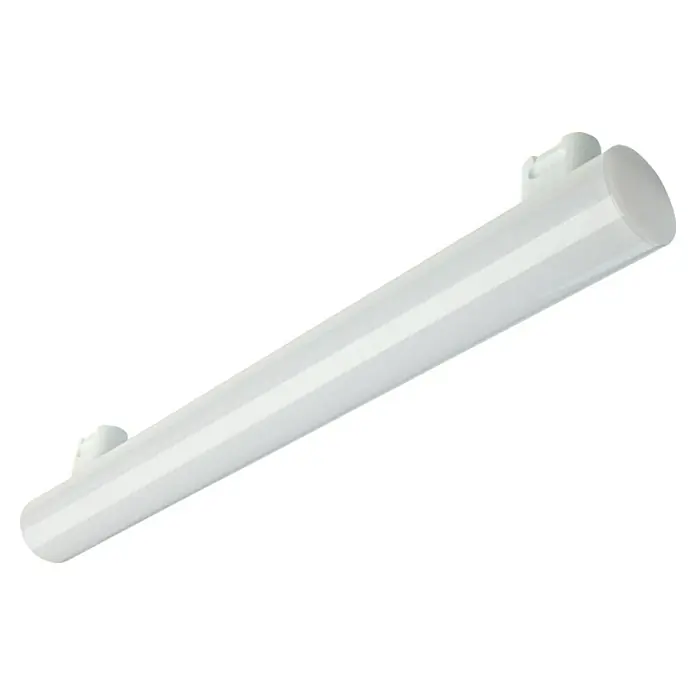 Voltolux LED-Röhre - Länge: 300 mm, Warmweiß, 5 W, 400 lm, S14s - Nahaufnahme einer weißen Röhrenleuchte mit zylindrischen Enden und Befestigungsclips, ideal für moderne Beleuchtungskonzepte.