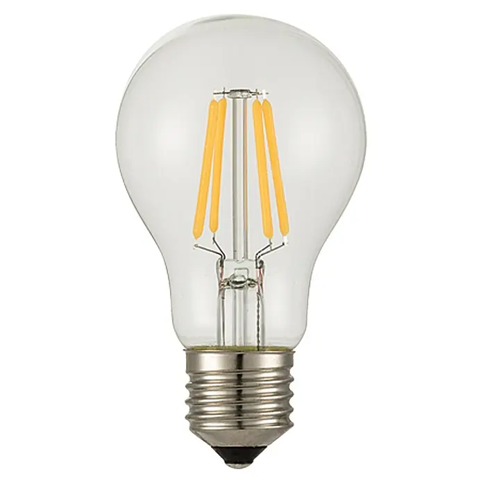 Voltolux Bombilla LED Filament Classic - E27, No regulable, Blanco cálido, 470 lm, 5 W, Filamento - Un primer plano de una bombilla LED transparente con filamentos visibles y una base metálica, utilizada para iluminación moderna.