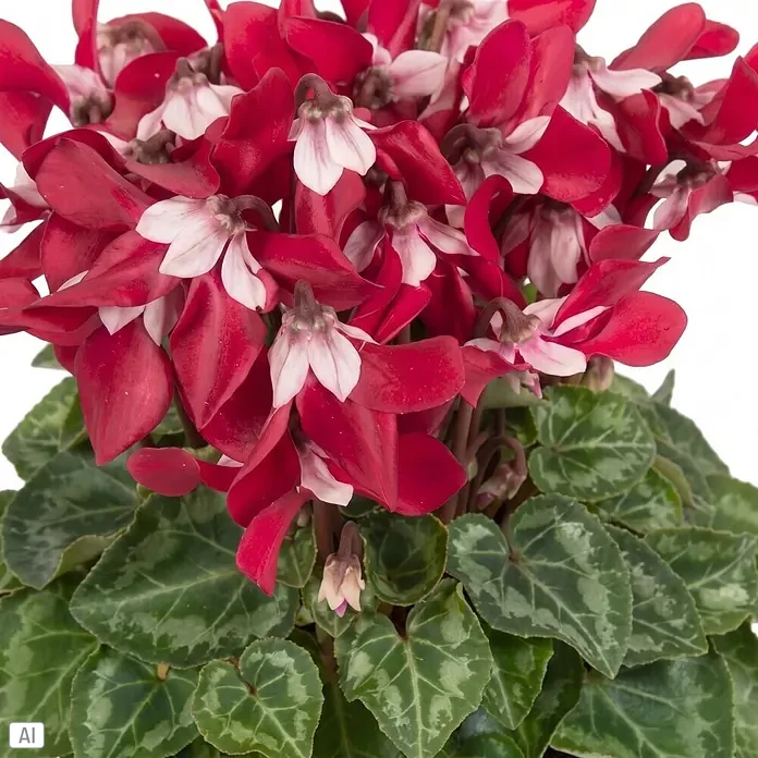 Piardino Zimmer-Alpenveilchen - Cyclamen persicum 'Djix', Topfgröße: 11 cm, Pink/Rot - Rot-weiße Alpenveilchenpflanze mit grünen Blättern.