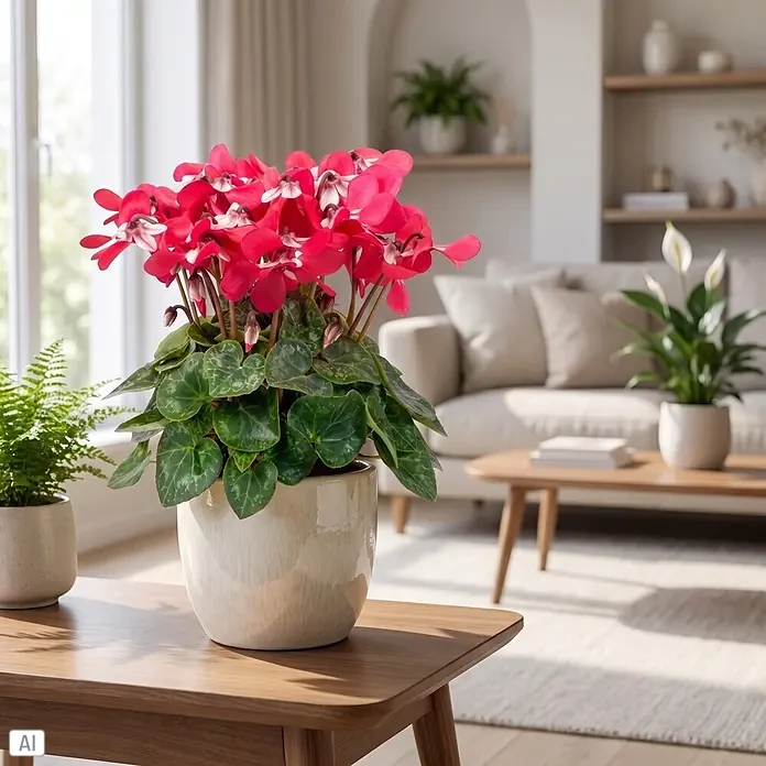 Piardino Zimmer-Alpenveilchen - Cyclamen persicum 'Djix', Topfgröße: 11 cm, Pink/Rot - Leuchtend rote Alpenveilchenpflanze im cremefarbenen Topf auf Holztisch, mit roten Blüten und gemusterten grünen Blättern in hellem Wohnzimmer.