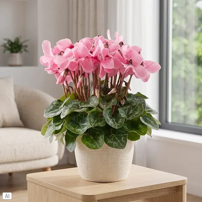 Piardino Zimmer-Alpenveilchen - Cyclamen persicum 'Djix', Topfgröße: 11 cm, Pink/Rot - Kräftige rosa Alpenveilchen in einem weißen strukturierten Topf auf einem hellen Holztisch in einem modernen Wohnraum.