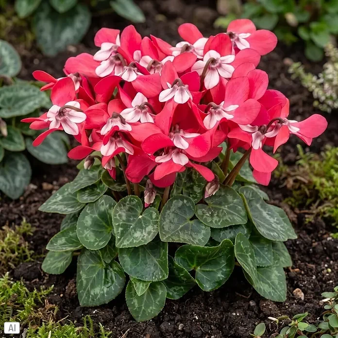 Piardino Zimmer-Alpenveilchen - Cyclamen persicum 'Djix', Topfgröße: 11 cm, Pink/Rot - Lebhafte Alpenveilchen-Pflanze mit vielen rot-pinken und weißen Blüten sowie grünen, panaschierten Blättern, in dunkler Erde.
