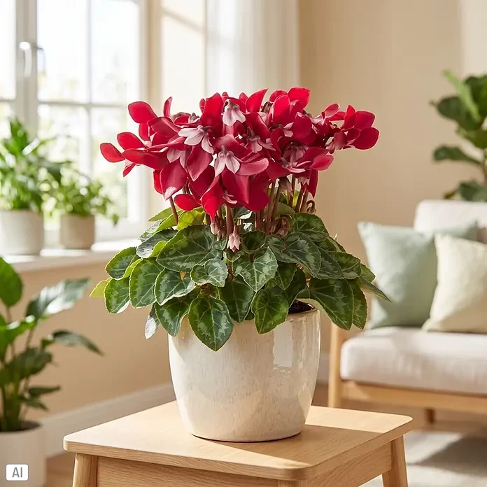 Piardino Zimmer-Alpenveilchen - Cyclamen persicum 'Djix', Topfgröße: 11 cm, Pink/Rot - Eine leuchtend rote Alpenveilchenpflanze mit grünen Blättern in einem cremefarbenen Keramiktopf auf einem hellen Holztisch.