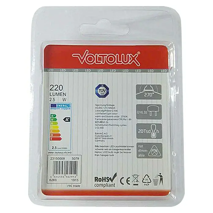 Voltolux LED-Lampe - GY6,35, Nicht Dimmbar, Warmweiß, 220 lm, 2,5 W - Das Bild zeigt die Verpackung einer VOLTOLUX LED Lampe mit 220 Lumen und 2.5 Watt, nicht dimmbar.