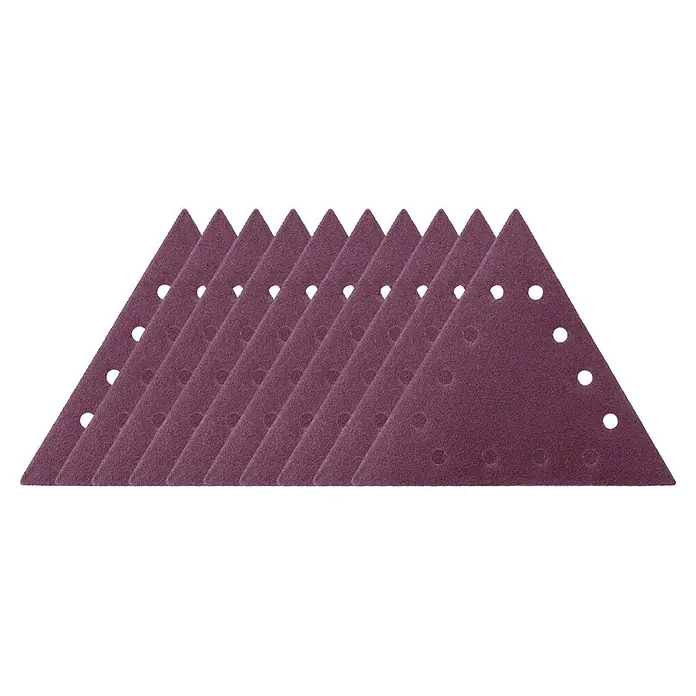 Delta-Haftschleifscheibe - B x L: 280 x 280 mm, Körnung: 80 mm - Gestapelte violette Dreieck-Schleifblätter mit Staubabsauglöchern.