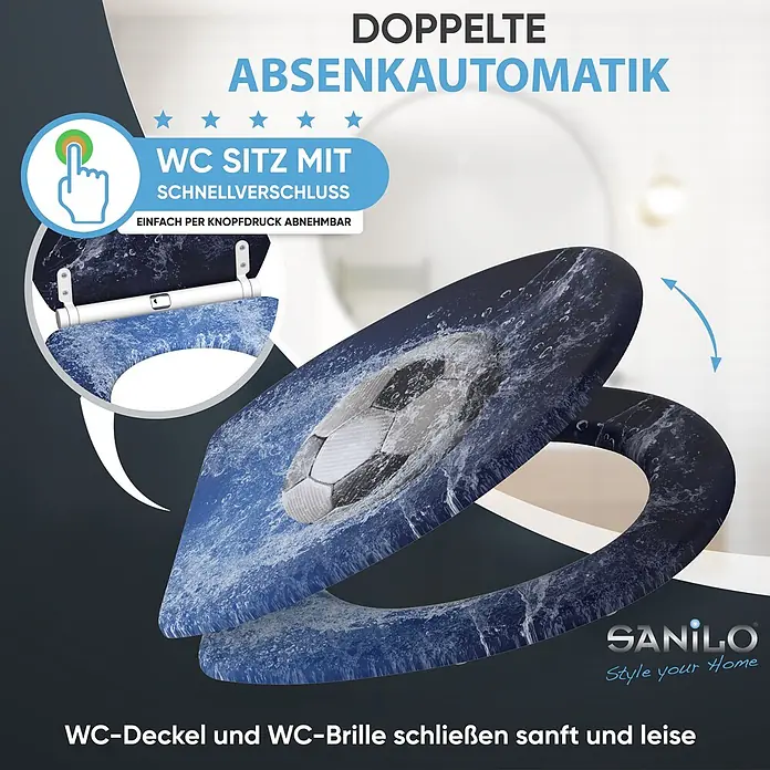 SANILO WC-Sitz Soccer mit Schnellverschluss - MDF, Blau, Mit Absenkautomatik - WC-Sitz mit Absenkautomatik und Schnellverschluss, dunkelblauem Design mit Fußball in Wasserspritzern.