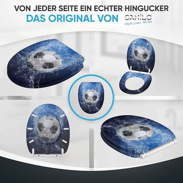 SANILO WC-Sitz Soccer mit Schnellverschluss - MDF, Blau, Mit Absenkautomatik - Blauer Toilettensitz mit auffälligem Fußball- und Wasserspritzer-Design, aus verschiedenen Blickwinkeln gezeigt.
