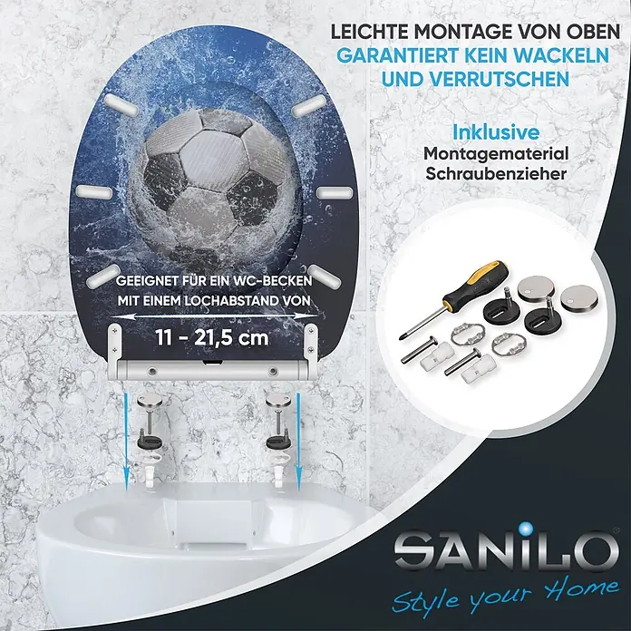 SANILO WC-Sitz Soccer mit Schnellverschluss - MDF, Blau, Mit Absenkautomatik - WC-Sitz mit Fußball-Design, von oben montierbar, wackelfrei, verstellbarer Lochabstand (11-21,5 cm), inkl. Montagematerial & Schraubendreher.
