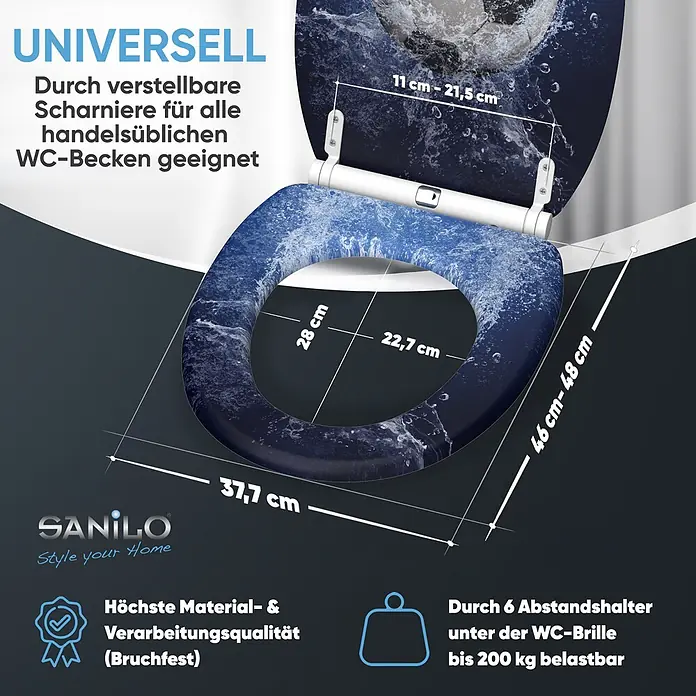 SANILO WC-Sitz Soccer mit Schnellverschluss - MDF, Blau, Mit Absenkautomatik - Dunkelblauer WC-Sitz mit Wassermotiv, universell passend durch verstellbare Scharniere, bis 200 kg belastbar.