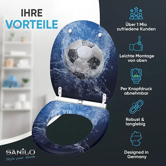 SANILO WC-Sitz Soccer mit Schnellverschluss - MDF, Blau, Mit Absenkautomatik - Toilettensitz mit Fußball-im-Wasser-Design, hervorhebung von einfacher Montage, Schnellverschluss, Robustheit und deutschem Design.