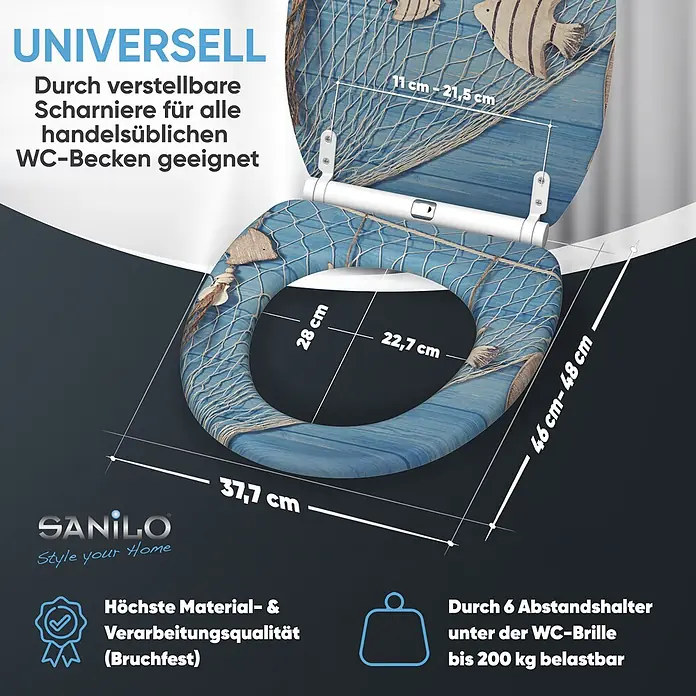 SANILO WC-Sitz Seefahrt mit Schnellverschluss - MDF, Blau, Mit Absenkautomatik - Sanilo WC-Sitz mit blauem nautischem Design, universell passend, Maße abgebildet. Robust, bis 200kg belastbar.