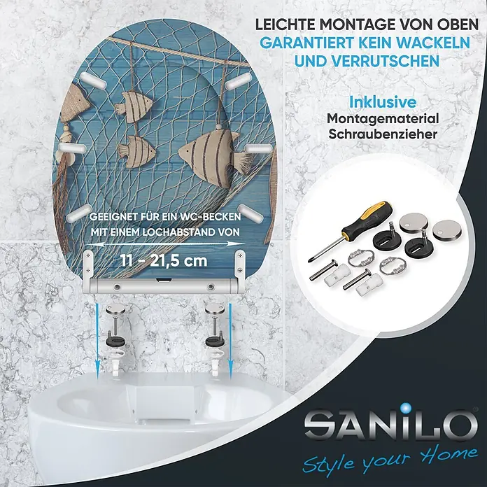 SANILO WC-Sitz Seefahrt mit Schnellverschluss - MDF, Blau, Mit Absenkautomatik - WC-Sitz mit blauem Holz-Meeresdesign, Top-Fix-Montage, inklusive Befestigungsmaterial und Schraubenzieher. Lochabstand 11-21,5 cm.