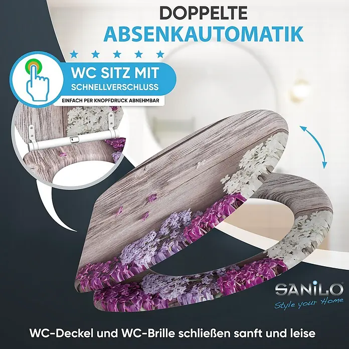 SANILO WC-Sitz Flieder mit Schnellverschluss - MDF, Violett, Mit Absenkautomatik