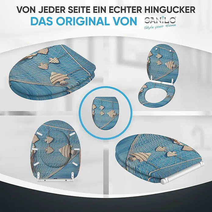 SANILO WC-Sitz Seefahrt mit Schnellverschluss - MDF, Blau, Mit Absenkautomatik - Toilettensitz mit maritimem Design, blauer Holzoptik, Fischernetz und Holzfischen.