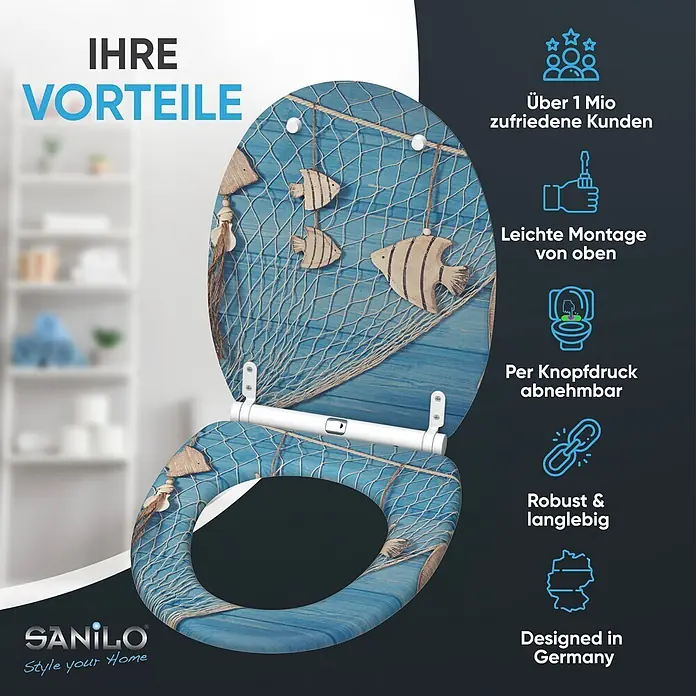 SANILO WC-Sitz Seefahrt mit Schnellverschluss - MDF, Blau, Mit Absenkautomatik - Blauer Toilettensitz mit maritimem Design, verziert mit einem Fischernetz und dekorativen Holzfischen.